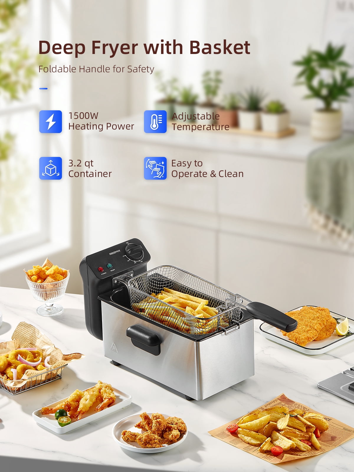 Electric Deep Fryer 3.2Qt Capacity, 1500 Watt Lid with Viewing Window and Odor Filter, Adjustable Temperature, Removable Frying Basket and Easy to Clean Stainless Steel Body, Silver