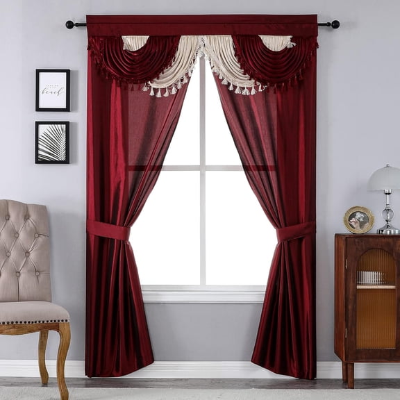 Amore Curtains 5-ece Window Curtain Set - 54-Inch W x 84-Inch L Panels with Attached Valance and 2 Tiebacks - Bedroom Curtains and Living Room Curtains (Brick)
