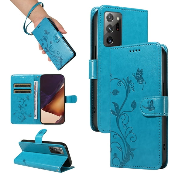 TECH CIRCLE Wallet Case For Galaxy Note 20 Ultra, Emboss Flower Premium PU Leather Magnetic Card Slots Flip Protective Kickstand Case with Wrist Strap for Samsung Galaxy Note 20 Ultra 5G 6.9",Blue