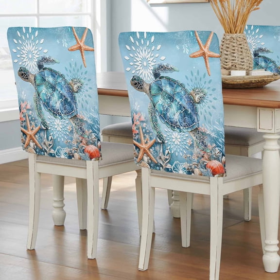 Blue Coastal Sea Turtle Chair Back Covers, Removable Chair Covers for Dining Chairs Set of 8, Washable Chairs Slipcovers Back Seat Protector for Wedding Party 19"x20"
