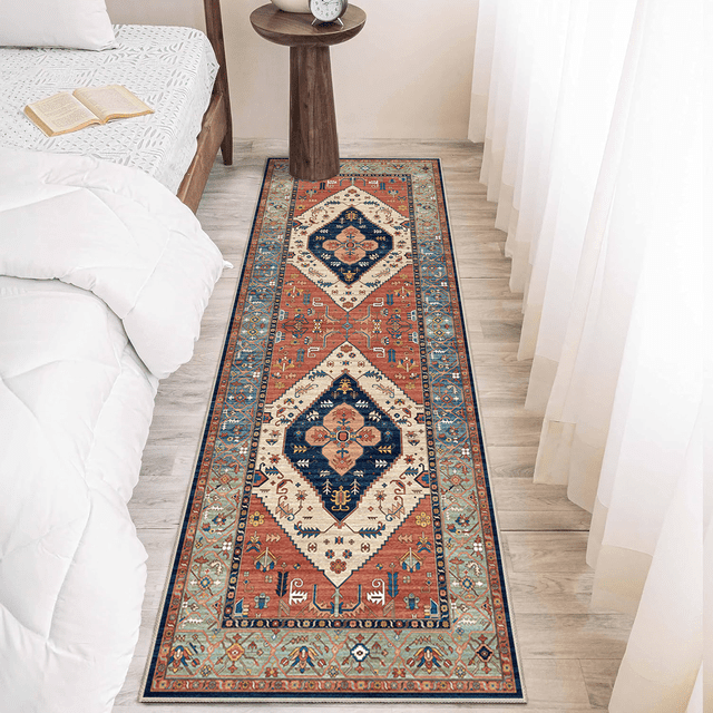 Alfombra Corredor 60x180 Cm Lavable, Alfombra Suave Antideslizante para Cocina, Estilo Moderno para Sala de Estar, Dormitorio y Entrada, Color Rojo y Marrón