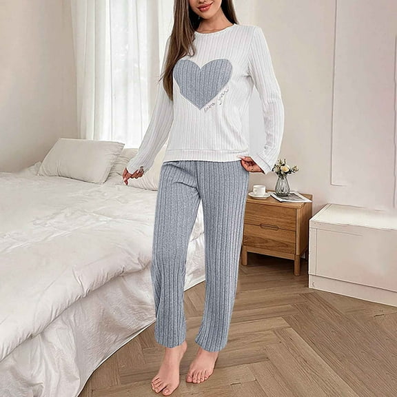 Women's Plus Size Heart Print Ribbed Pajama Set 2 Piece Long Sleeve Top and Pants