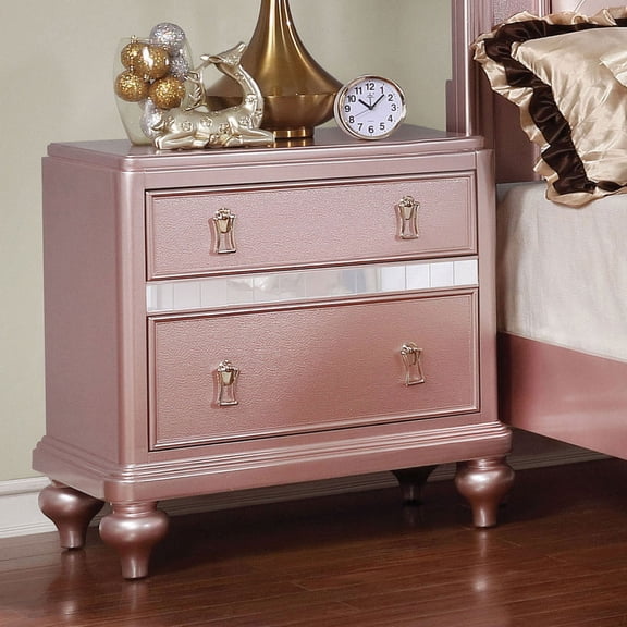 Newboti Furniture Elegant Contemporary Rose Gold 1pc Nightstand Nickel Hanging Knob 2-Drawers Bedside Table Mirror Accent Panels BN.5748