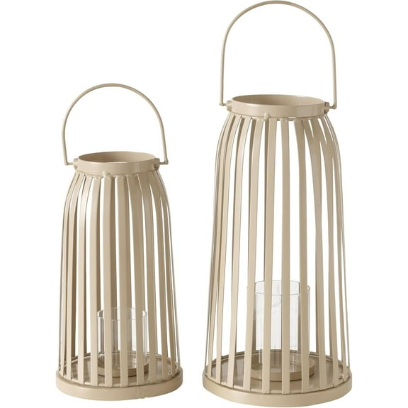 Key West Cage Hurricane Lanterns, Set of 2, Light Brown, Ribbed, Metal Frame, Handle, Glass, 15.75 and 12.5 Inches, Modern Tropical Design
