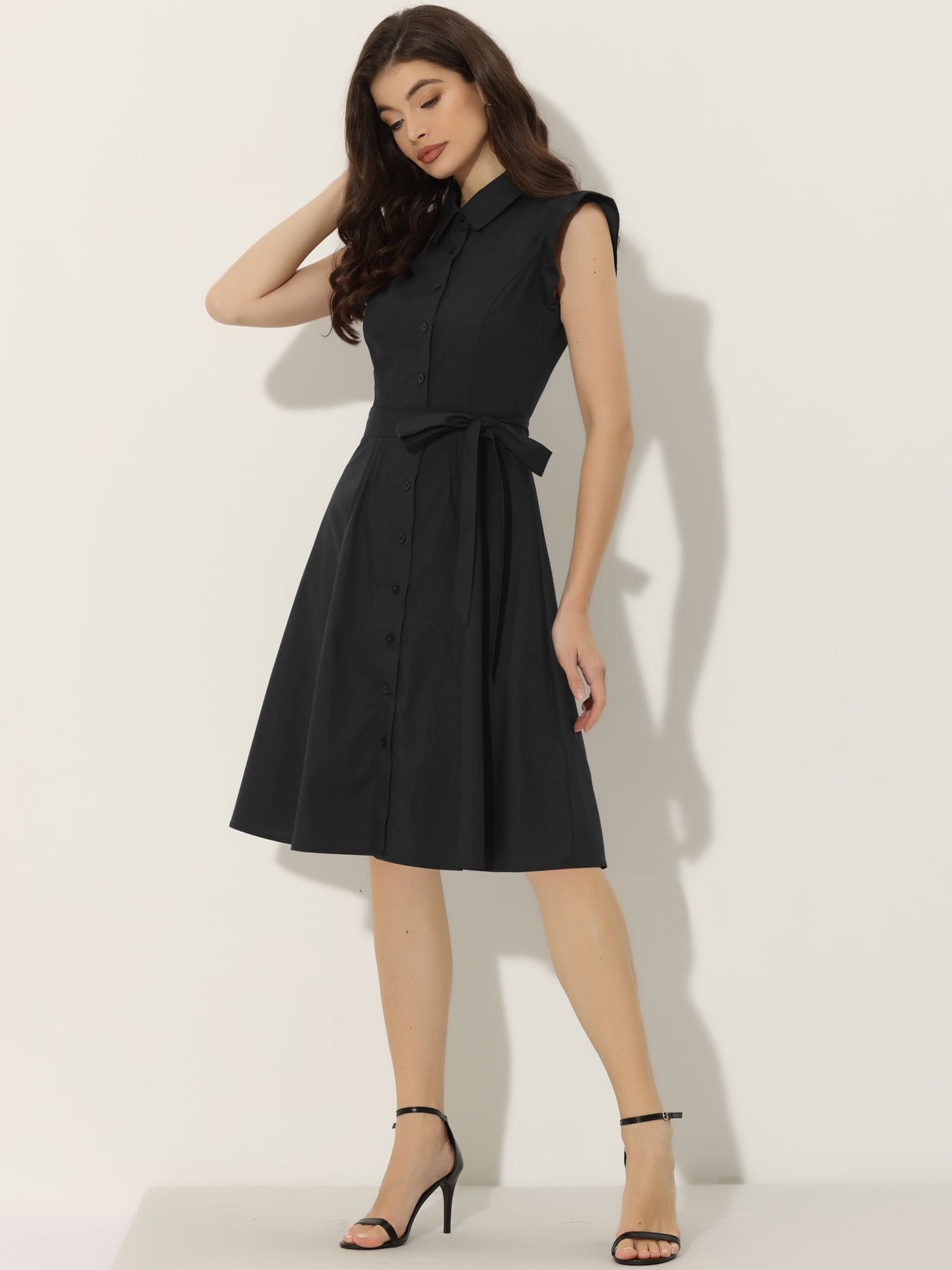 DARING DIVA Ruffled Sleeve Button Down Belted Knee Length Shirt Dress XS Black