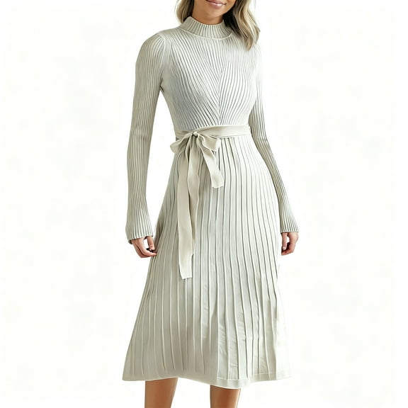 LIaqionyy Women's Sweater Dress Tie Waist Fall Mock Neck Ribbed Knit Long Sleeve Midi Sweaters Dresses