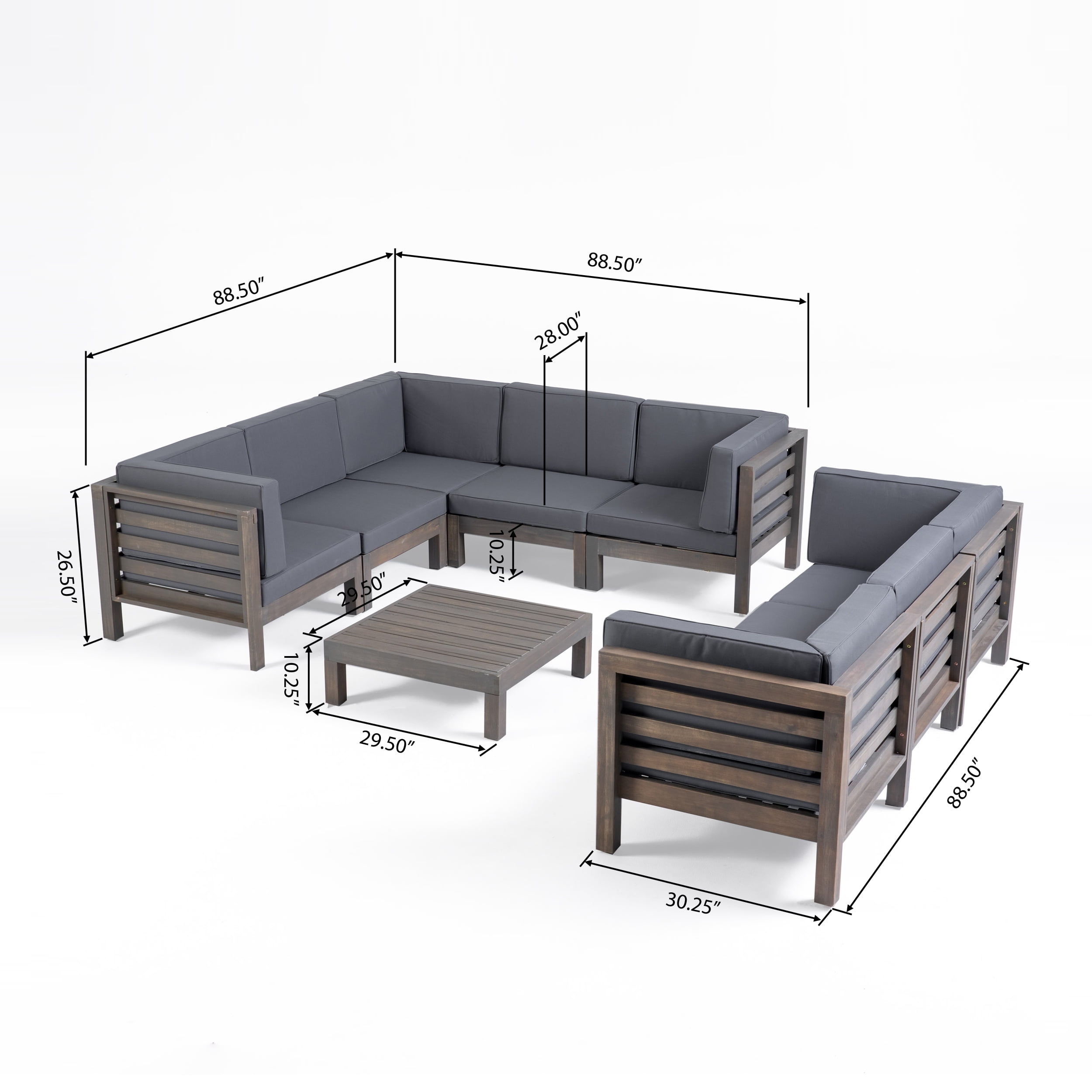Frankie Outdoor 9 Piece Acacia Wood Sectional Sofa Set with Coffee Table and Cushions, Gray, Dark Gray