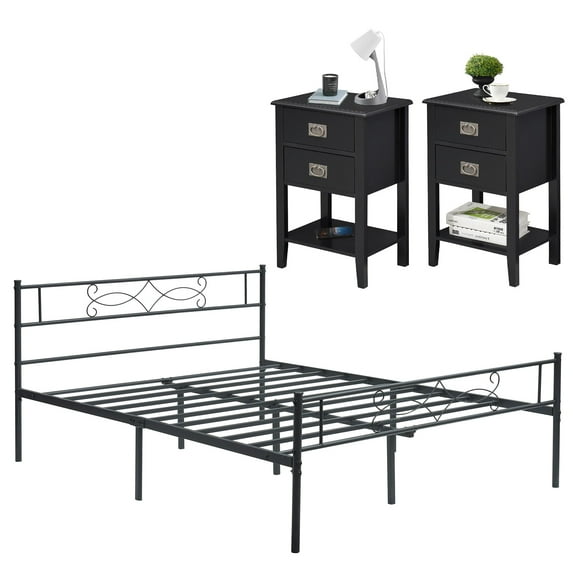 VECELO 3 Piece Bedroom Set, Metal Platform Bed Frame and Nightstands(Set of 3)