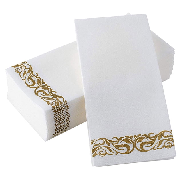 50 uds. servilletas desechables para hotel, servilletas para cena, servilletas para mesa de comedor, servilletas para envolver cubiertos paquete de 50 servilletas blancas de papel 40x30 cm con borde dorado de filigrana, apiladas en vista frontal y lateral; textura engrosada visible, indicadas para bodas, fiestas y cenas; también adecuadas para envolver cubiertos o decorar la mesa.
