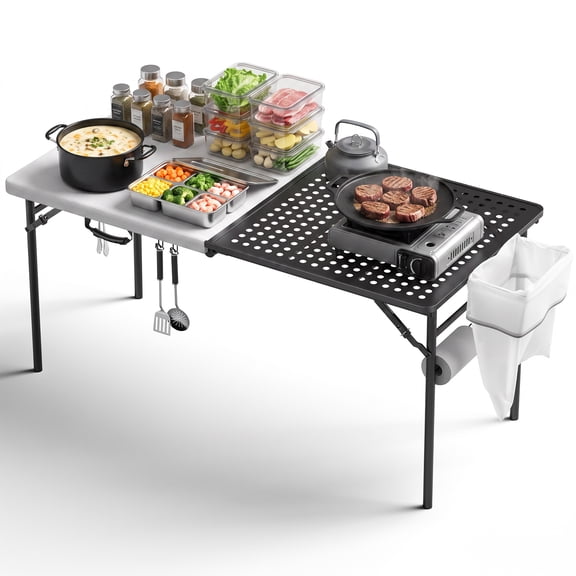 5ft Folding Camping Table with Metal Grid Grilling Surface, Portable Outdoor Grill Stand Table with Handle for BBQ, Grilling, Camping Trip, RV, Picnic, Backyards, Tailgating
