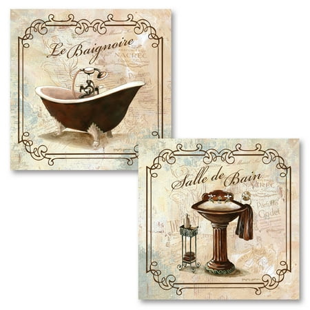 Bathroom Framed Decor Gango Home Decor Elegant French Salle De Bain & Le Baignoire Clawfoot Tub and Sink Bathroom Wall Art by Gregory Gorham; Two Off-White 12x12in Unframed Paper Prints (Paper Only, No Frame) ()