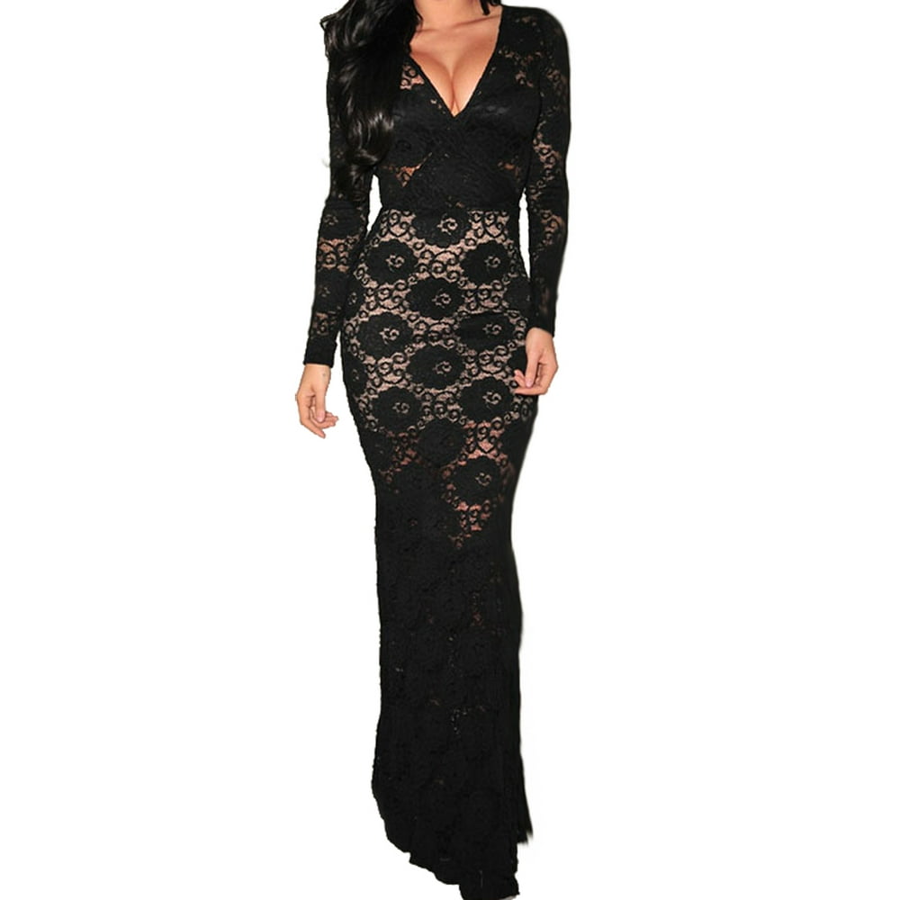 Made2Envy - made2envy Lace Overlay See Through Back Long Sleeves Maxi ...