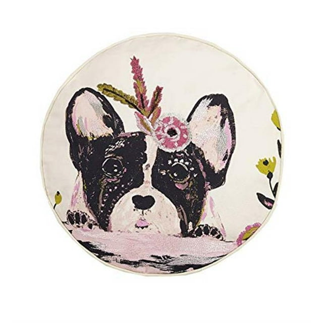 Peking Handicraft 24BJD03C16RD Floral Frenchie Embriodered Printed Pillow, Multi Color