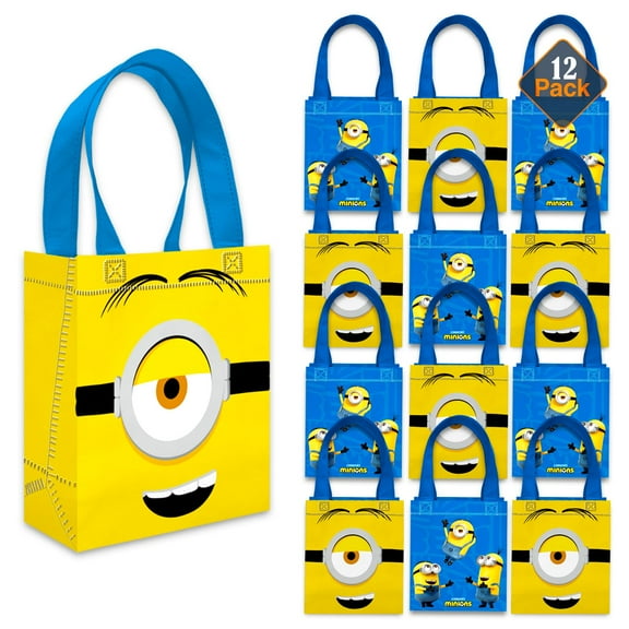 Minions Party Favor Bags Set – 12 Pack 8" Despicable Me Goodie Bags for Kids Bulk Reusable Mini Totes | Despicable Me Minions Birthday Party Supplies