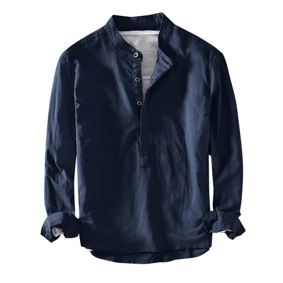SwiftWear Men's Henley Shirts Solid Color Leisure Stand Collar Pullover Top Quarter Buttons Long Sleeve Shirt, Blue S
