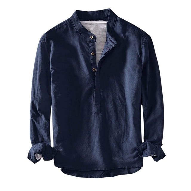 blusa y camisa de manga larga con cuello alto para hombre, color liso, cultivate oneself, cuello alto, cubierta para la cabeza, camisa de manga larga para hombre, parte superior de poliéster Camisa azul de corte recto, vista frontal, cuello alto tipo mandarín con tapeta y tres botones, tejido liso con caída suave, mangas largas con puños arremangados y bajo redondeado sobre fondo blanco; adecuada para uso casual, combinar con chaqueta o jeans y como capa interior en clima templado.