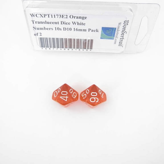 Orange Translucent Dice with White Numbers 10s D10 Aprox 16mm (5/8in) Pack of 2 Wondertrail