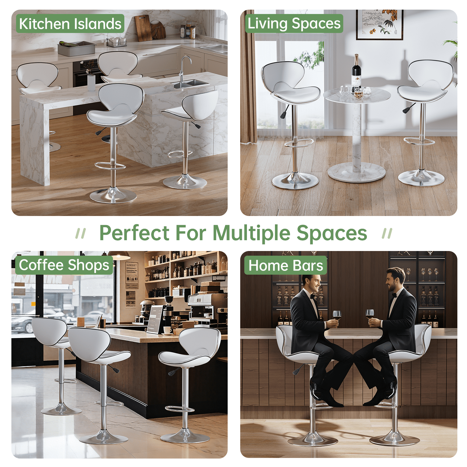Bar Stools Set of 2, PU Leather Adjustable Swivel Bar Chairs for Kitchen Counter Island, Modern Armless Shell-Shaped Counter Height Stools for Dining Room Café Pub (White)