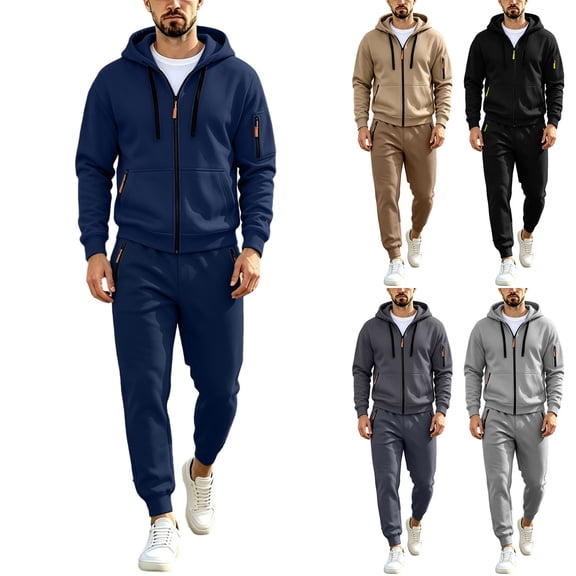 Men's Two-Piece Sports And Leisure Hooded Set, Sportswear, Drawstring Waistband, Zipper Pocket Black Xxl