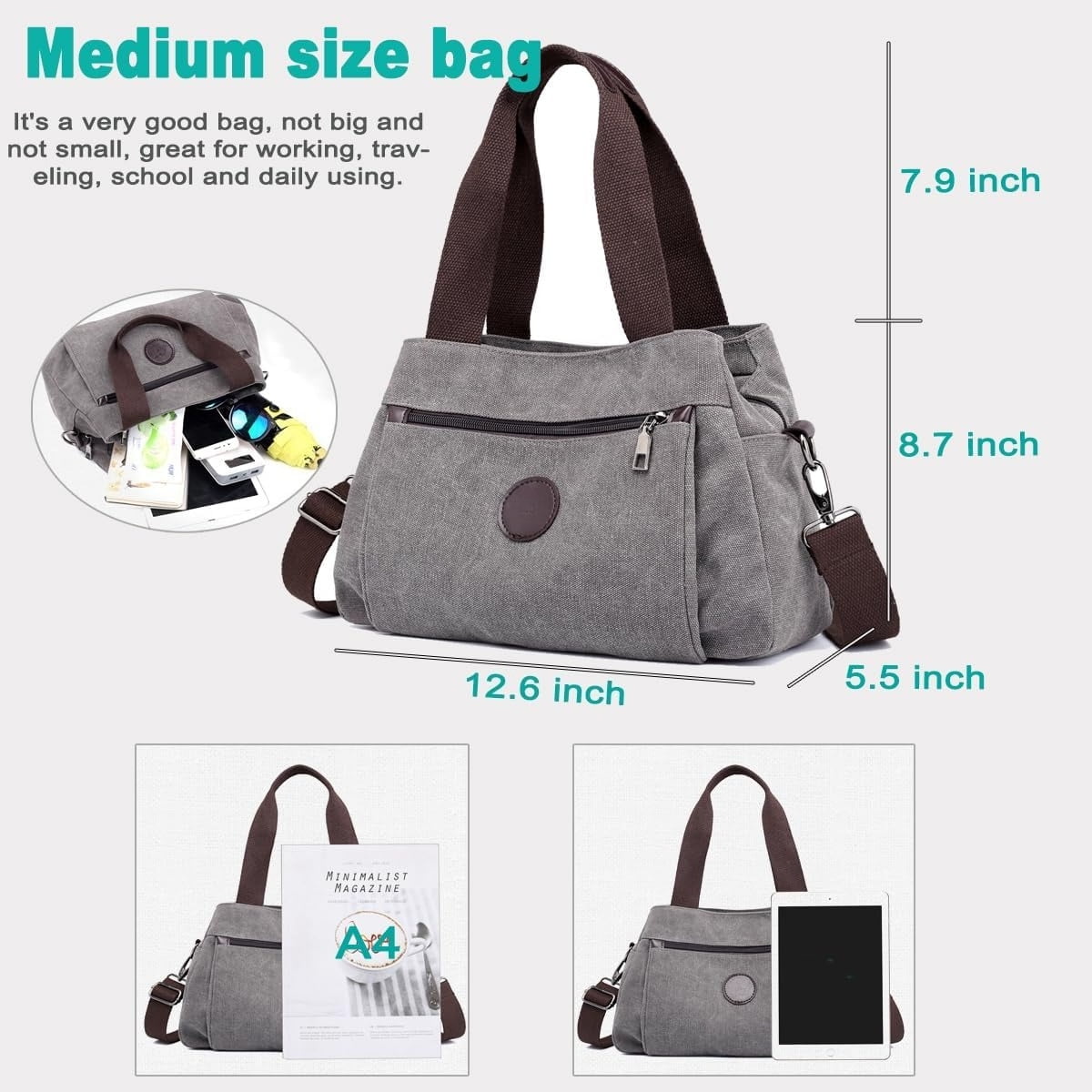 Omlopp Hobo Handbags Canvas Crossbody Bags for Women, Multi Compartment Tote Purse Medium Satchel-Gray - Medium