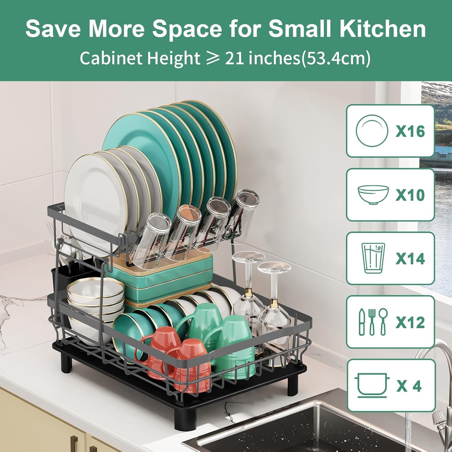 Asunby Dish Drying Rack, 2 Tier Dish Rack, Large Dish Racks for Kitchen Counter, Dish Drainer with Removable Utensil Holder, Drainboard,Grey