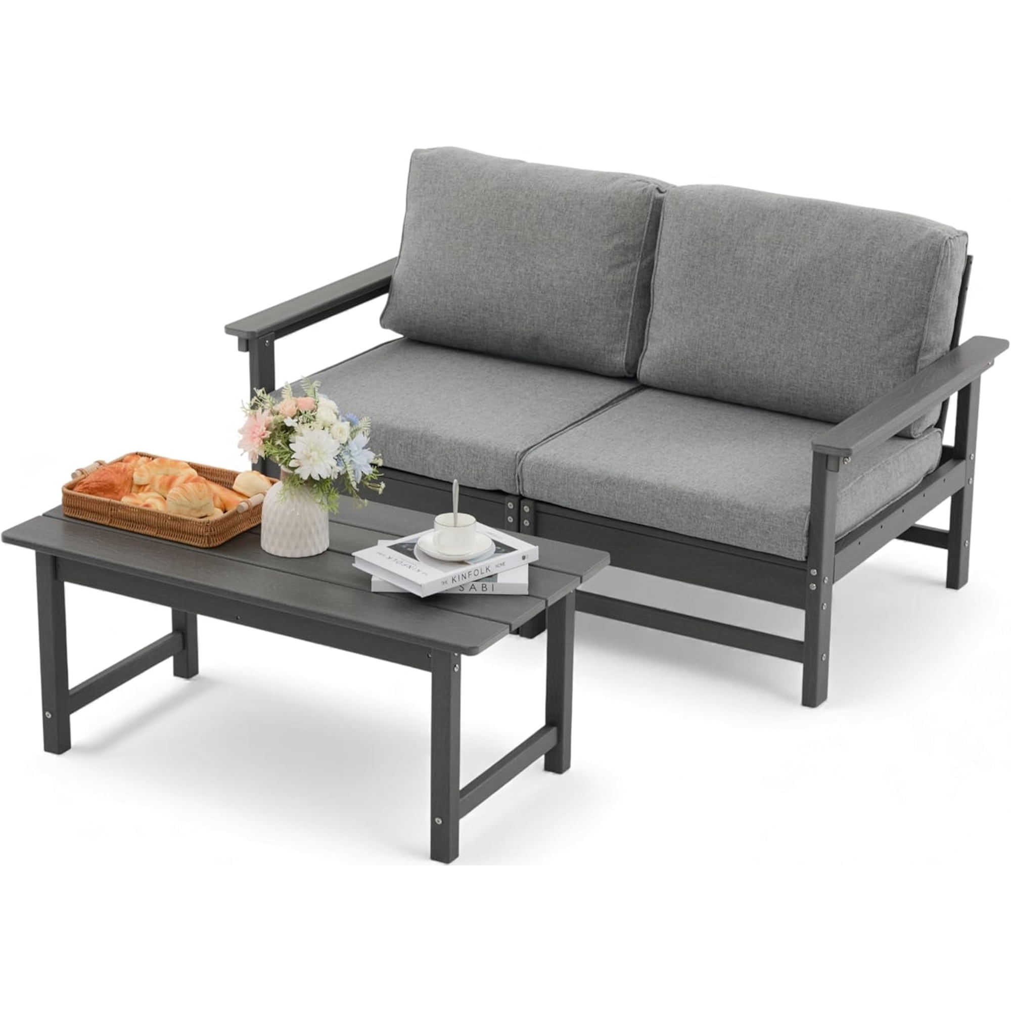 HDPE Outdoor Patio Furniture Set, 3-Piece Sofa Set with Loveseat Couch & Coffee Table, Weatherproof Conversation Set with Cushions, All-Weather Waterproof, for Garden, Porch & Backyard