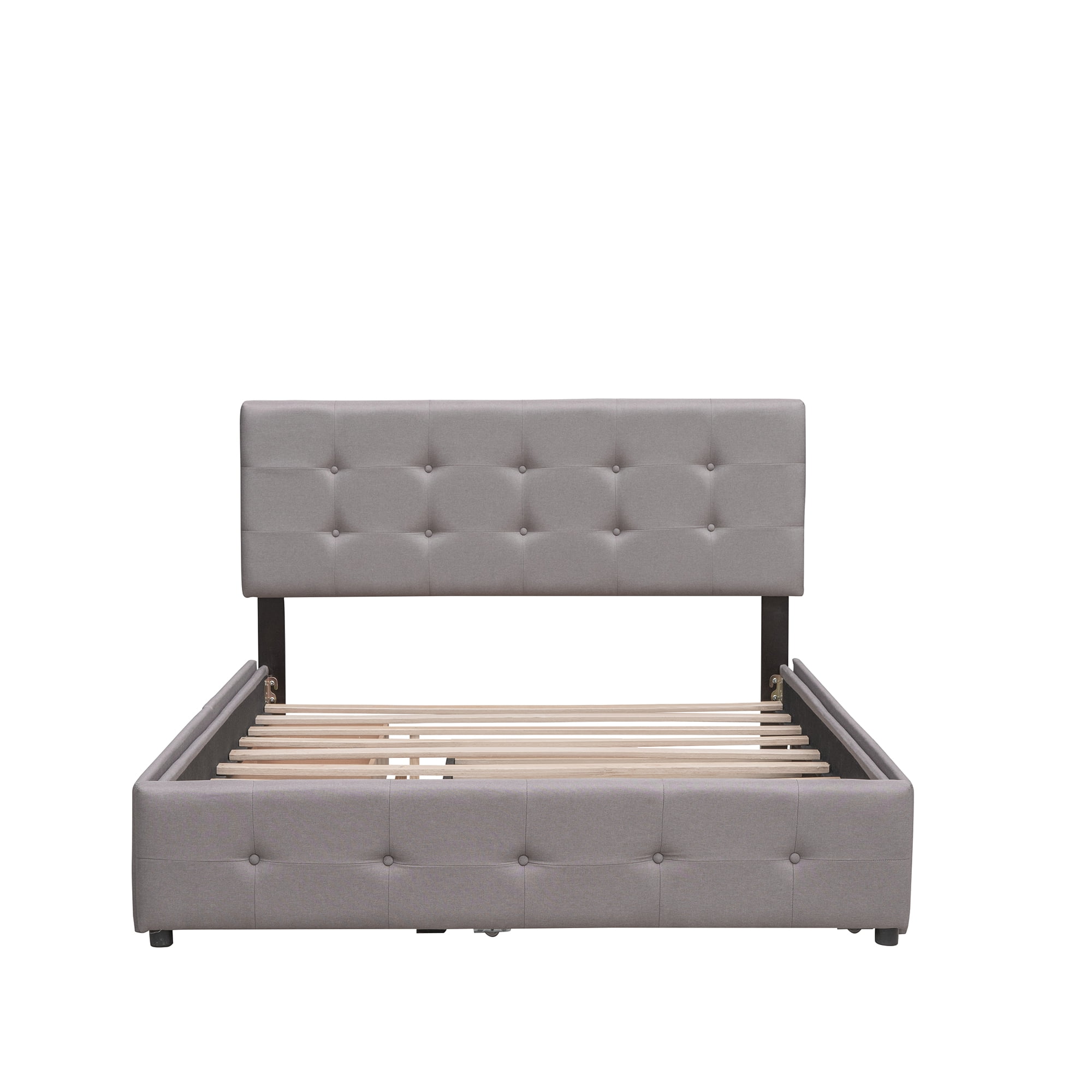 PAPROOS Queen Platform Bed Frame with Storage, Upholstered Platform Bed with Tufted Button Headboard, 2 Drawers & Twin Size Trundle, No Box Spring Needed, Queen Size Bed Frame, Dark Beige