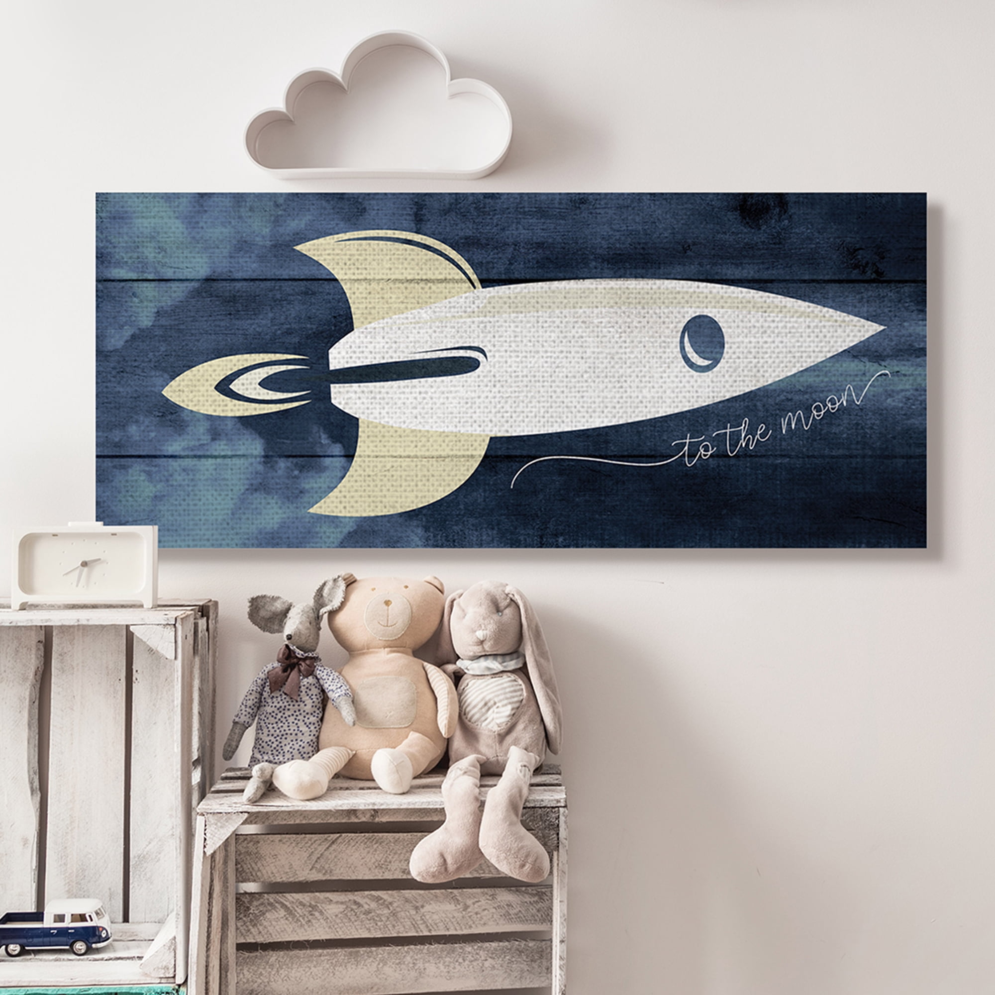 Stupell Industries To The Moon Phrase Rustic Space Ship Blue,20 x 48,Designed by Daphne Polselli