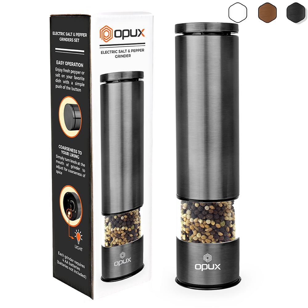 OPUX Battery Operated Salt and Pepper Grinder, Automatic Pepper Mill, Electric  Salt Shaker with LED Light and Bottom Cover