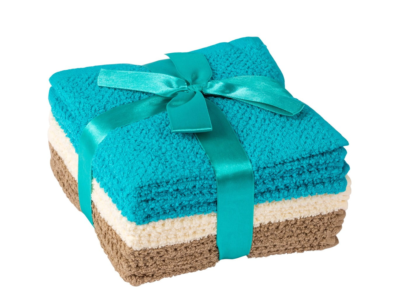 Living Fashions Washcloths Set of 8 - Popcorn Weave Texture Wash Clothes for Body - 12' x 12' - Teal, Cream and Taupe