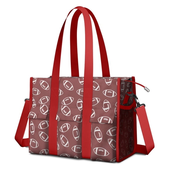 Teacher Tote Bag,Maroon Footballs Pattern Teacher Utility Tote Bag,Large Work Tote Bags for Women with Multiple Pockets,Top Zipper Closure,13.8x10.6x6.7 Inch