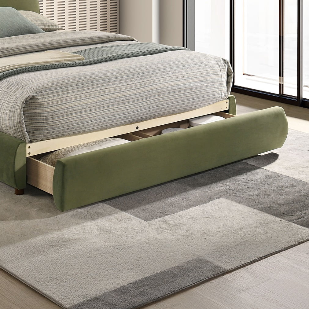 Bed Frame Olive Green Velvet Upholstered 1pc Queen Size Bed Curved Design Headboard Storage FB Bedroom Furniture Bedframe