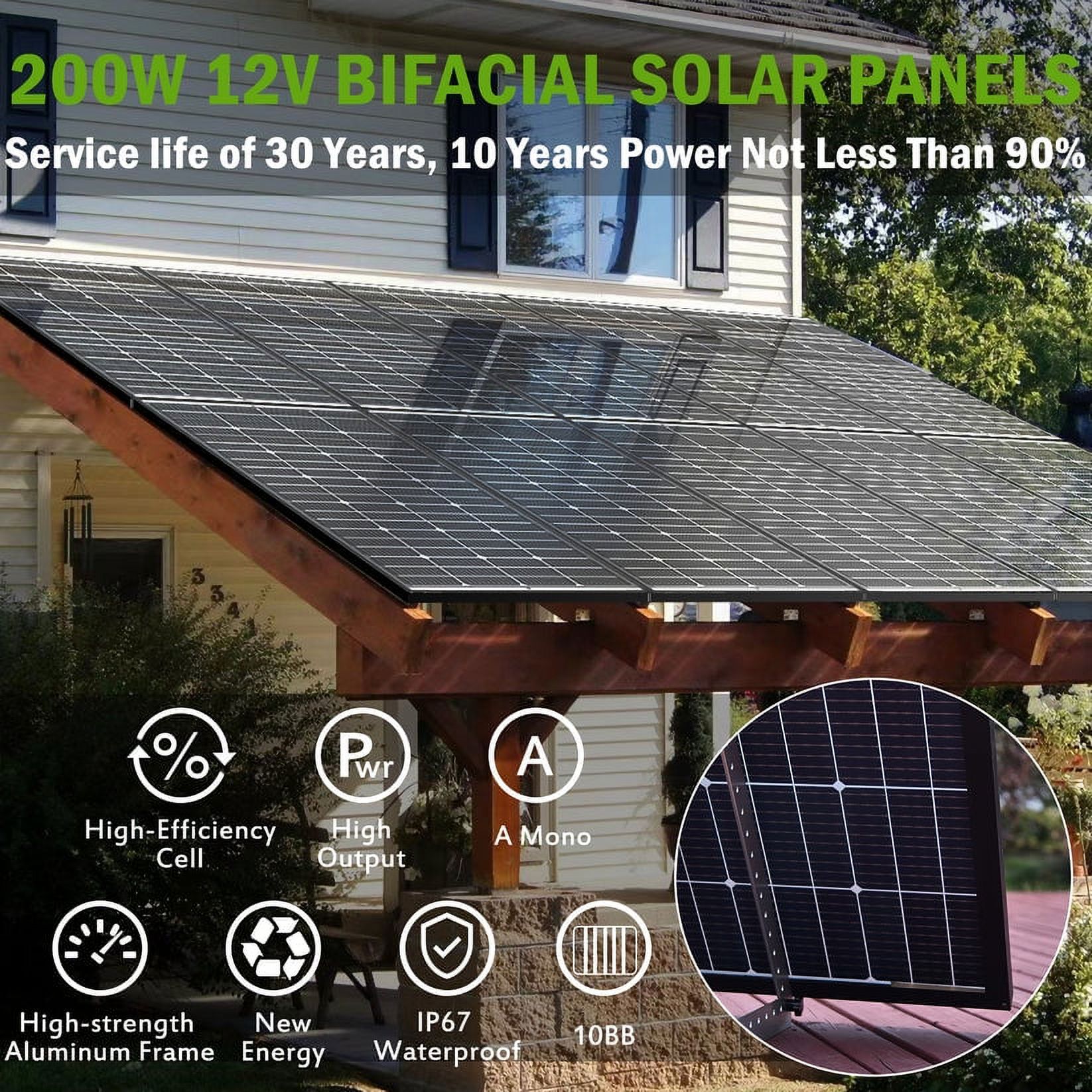 JJN Bifacial 200 Watt Solar Panels 12V 10BB Monocrystalline Solar Panel High Efficiency Solar Module for RV Home Battery Charging Farm Trailer Camper Marine Off Grid System Single Piece