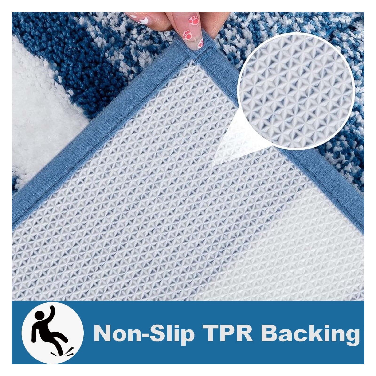 Bath Mat, Bathroom Rug Set, Non Slip Absorbent Quick Dry Bath Room Runner Rugs, Extra Soft Microfiber Washable Machine Tub Bathtub Shower Floor Carpet, Blue & White
