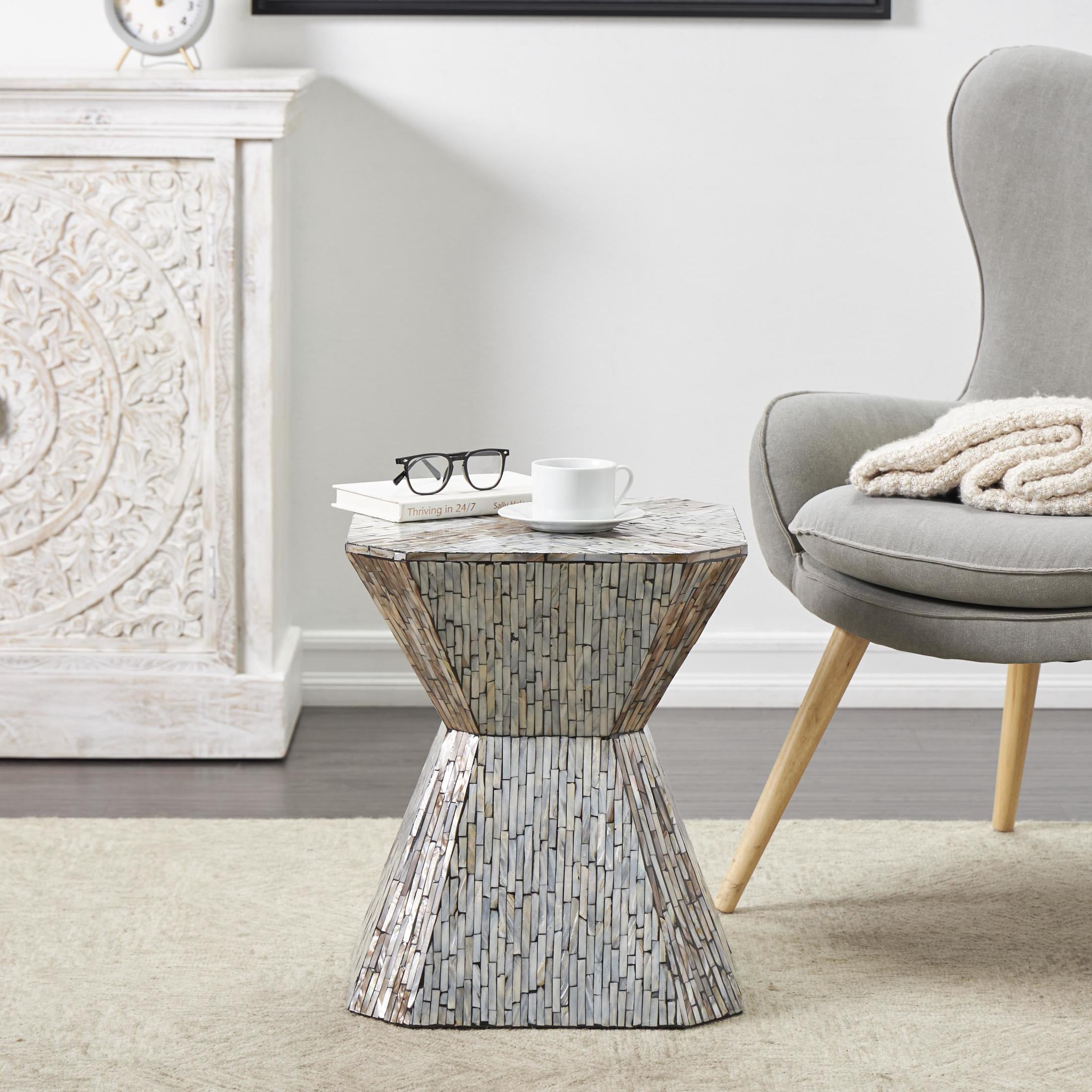 DecMode 16" x 20" Gray Mother of Pearl Shell Handmade Hourglass Geometric Accent Table with Linear Mosaic Pattern, 1-Piece