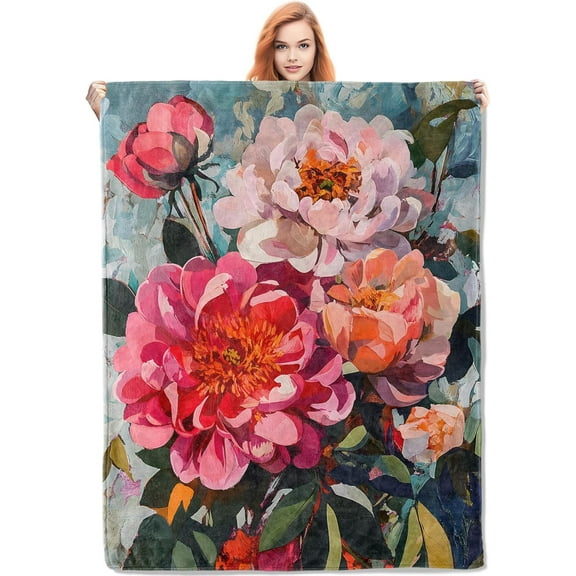 Floral Blanket Gifts for Women, Peony Flower Flannel Blanket, Soft Warm Lightweight Throw Blankets for Bed Couch Home Travel Decor 40" x 50"
