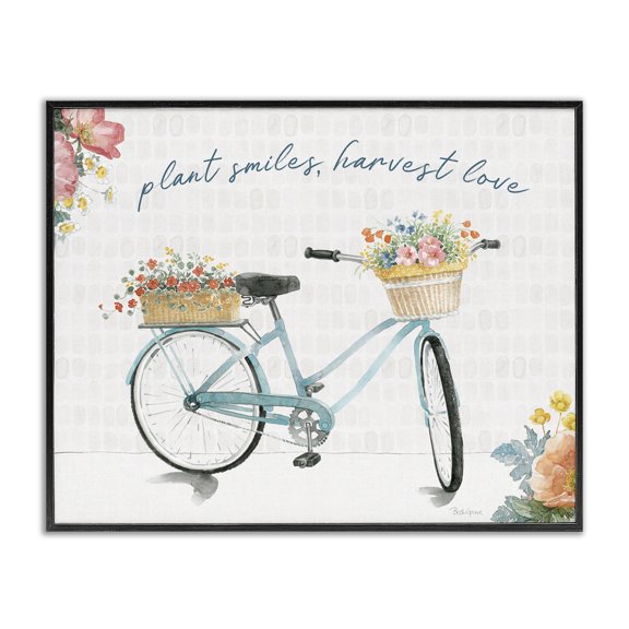 Stupell Industries French Country Plant Smiles Harvest Love Phrase Floral Basket Bicycle Black Framed Giclee Art, 14 x 11, by Beth Grove