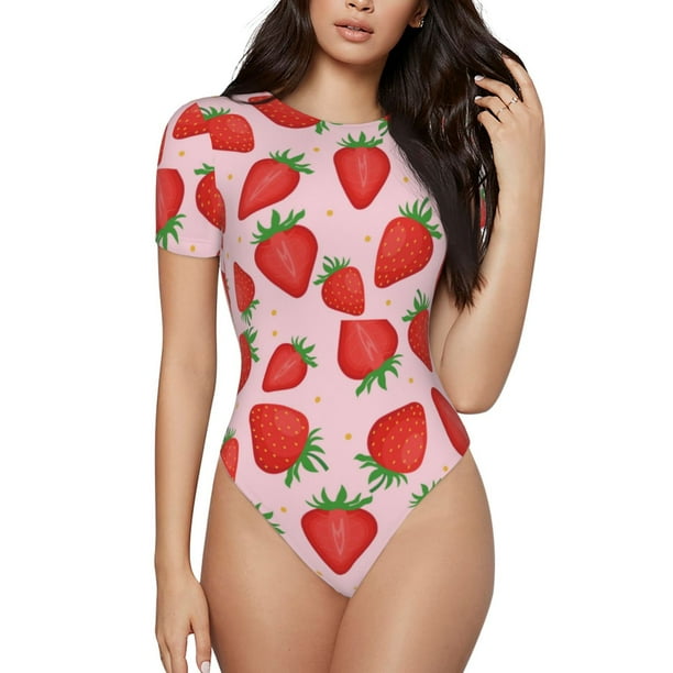 Balery Strawberries Body de cuello redondo de manga corta para mujer Tops de manga corta Tops básicos-Large