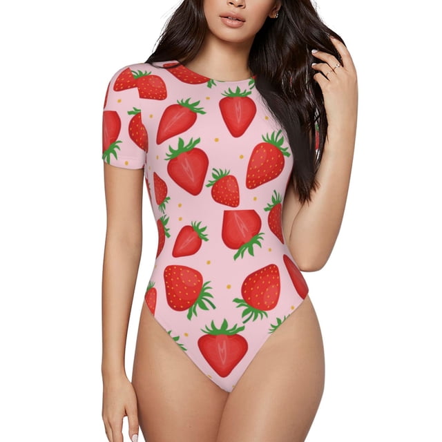 Balery Strawberries Body de cuello redondo de manga corta para mujer Tops de manga corta Tops básicos-X-Large