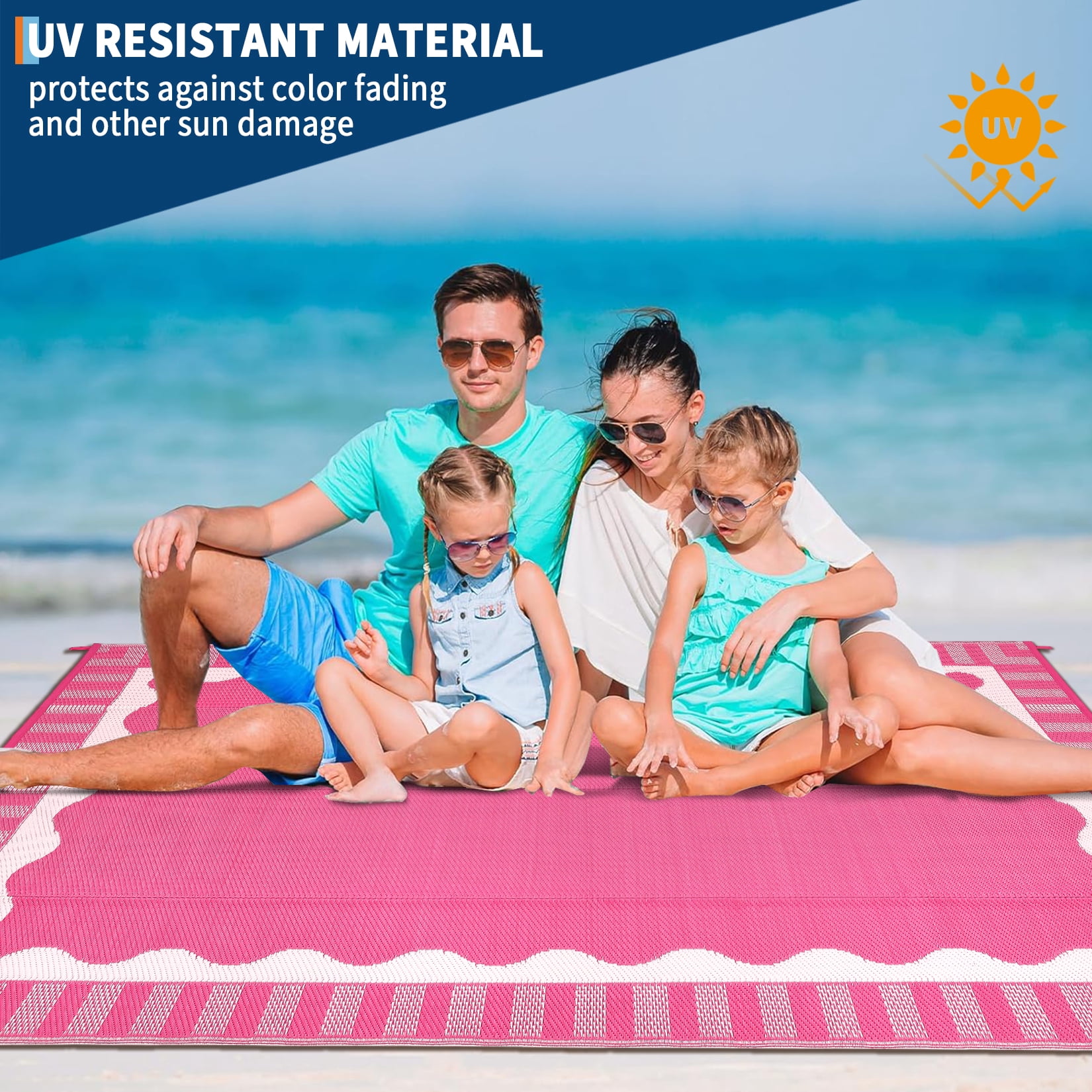 Nanan 8'x10' Outdoor Rug Scalloped Bordered Outdoor Patio Rug Waterproof Reversible Plastic Straw Rug for Camping Picnic Deck Balcony, Rose Red
