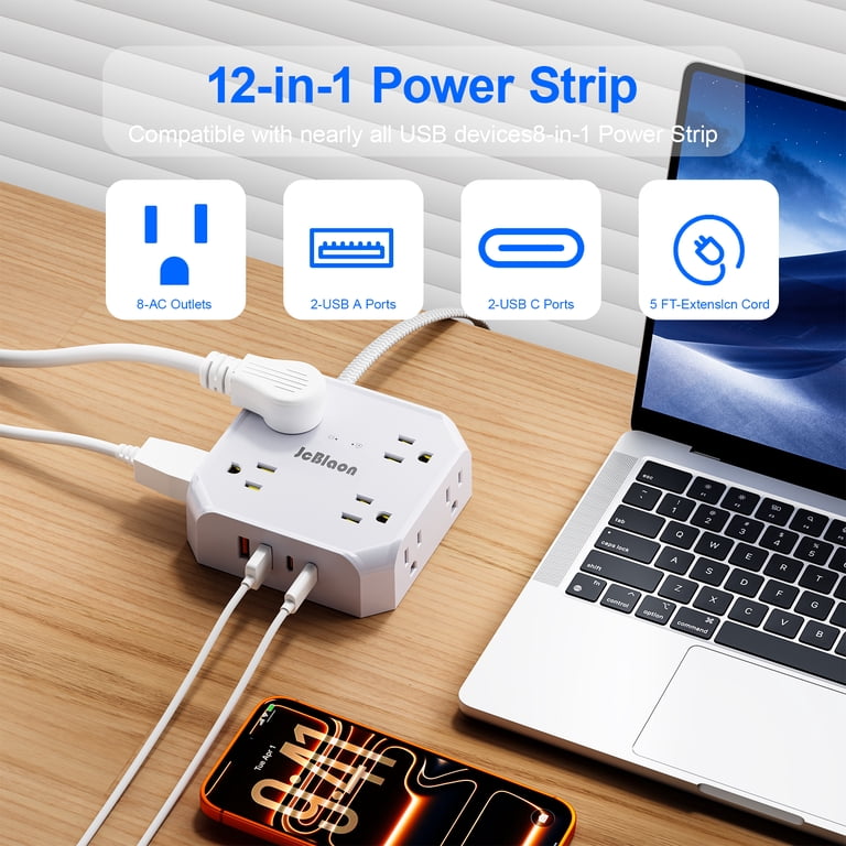 12-in-1 Power Strip with 8 Outlets, 4 USB Ports, 5ft Cord, White photo 7