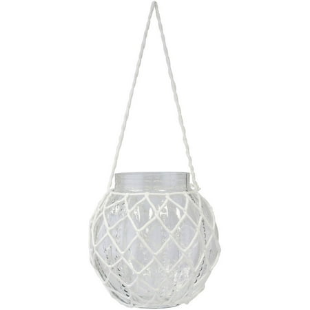 - Round Textured Glass Jar with White Rope Cage and Hanger