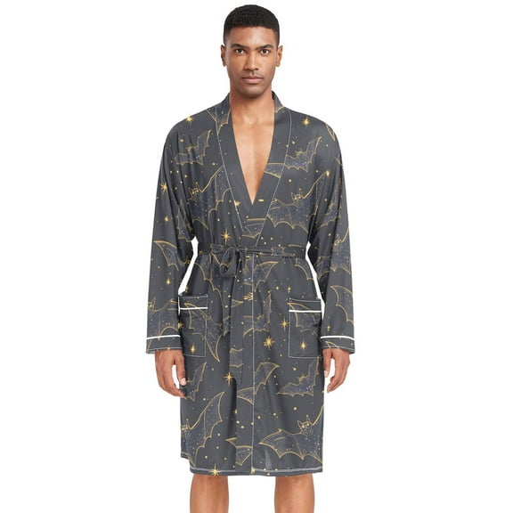 Dailycode Men Robe Lightweight Soft Bathrobes Kimono Nightgown Bats Silhouette and Star