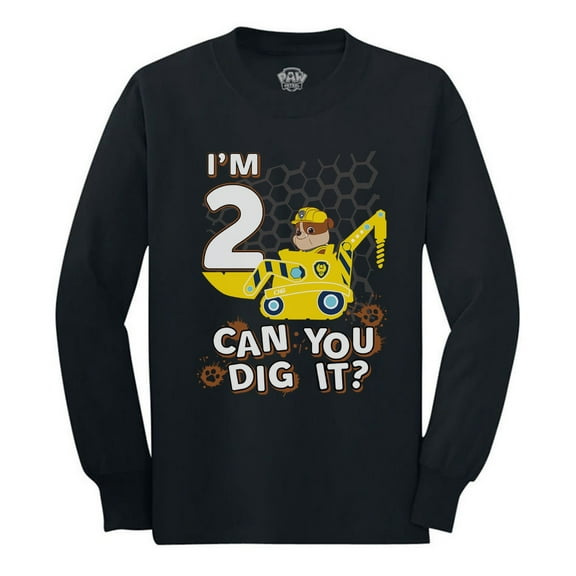 Tstars 2nd Birthday Paw Patrol Rubble Tractor T-Shirt - Perfect Gift for 2-Year-Old Boys - Unisex Long Sleeve Birthday Tee - Ideal for Birthday Party Celebrations