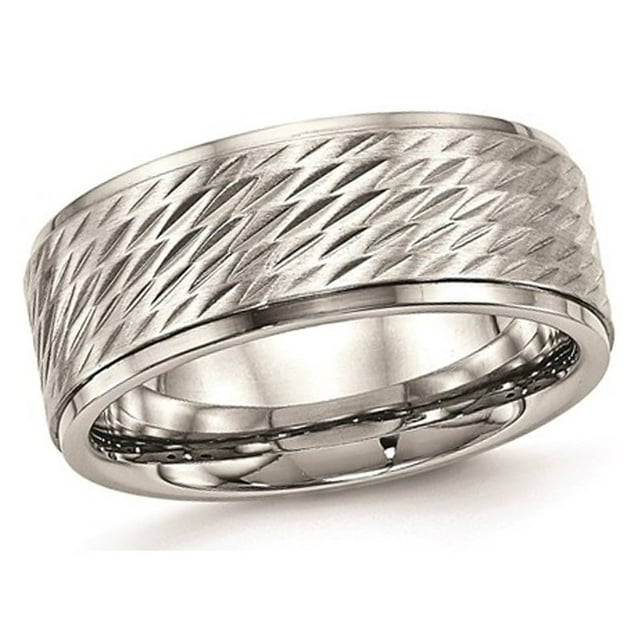 Mens Stainless Steel 9mm Brushed Center Ridged Edge Diamond Cut Ring
