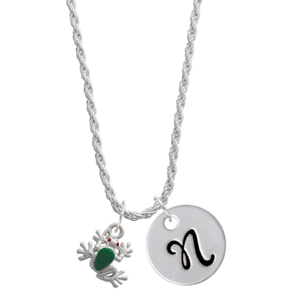 Delight Jewelry Silvertone Mini Green Tree Frog Silvertone Script Initial Disc - N - Charm Necklace, 20"+3"