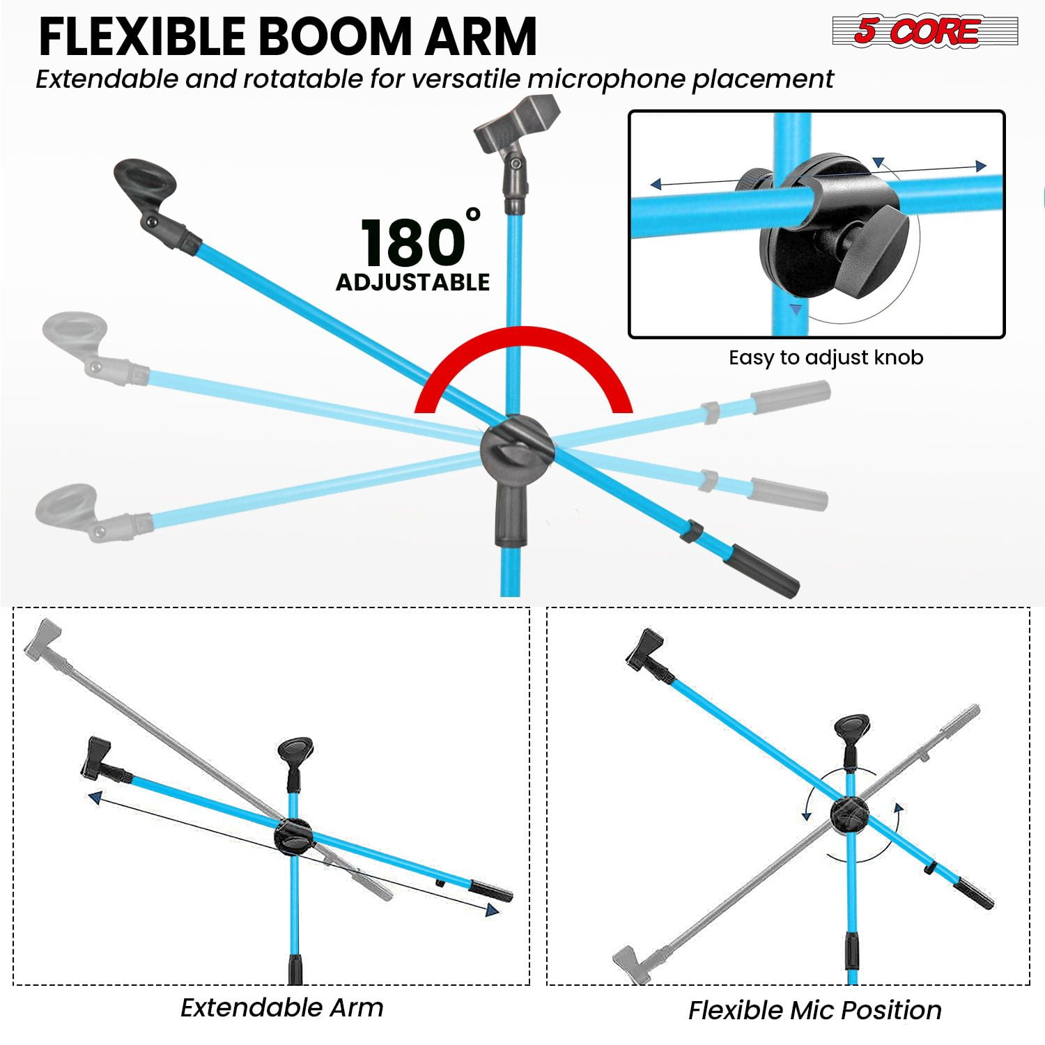 Mic Stand Floor Height Adjustable Tripod Microphone Stands w Extending Telescoping Boom Arm - MS DBL G SKY BLUE