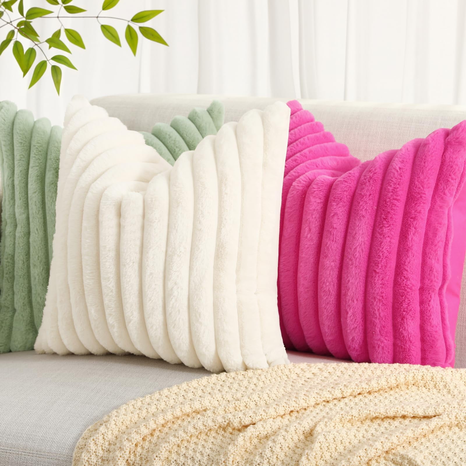 decorUhome Pack of 2 Faux Fur Plush Throw Pillow Covers 20x20, Soft Fluffy Striped Decorative Couch Pillow Covers , Cream White