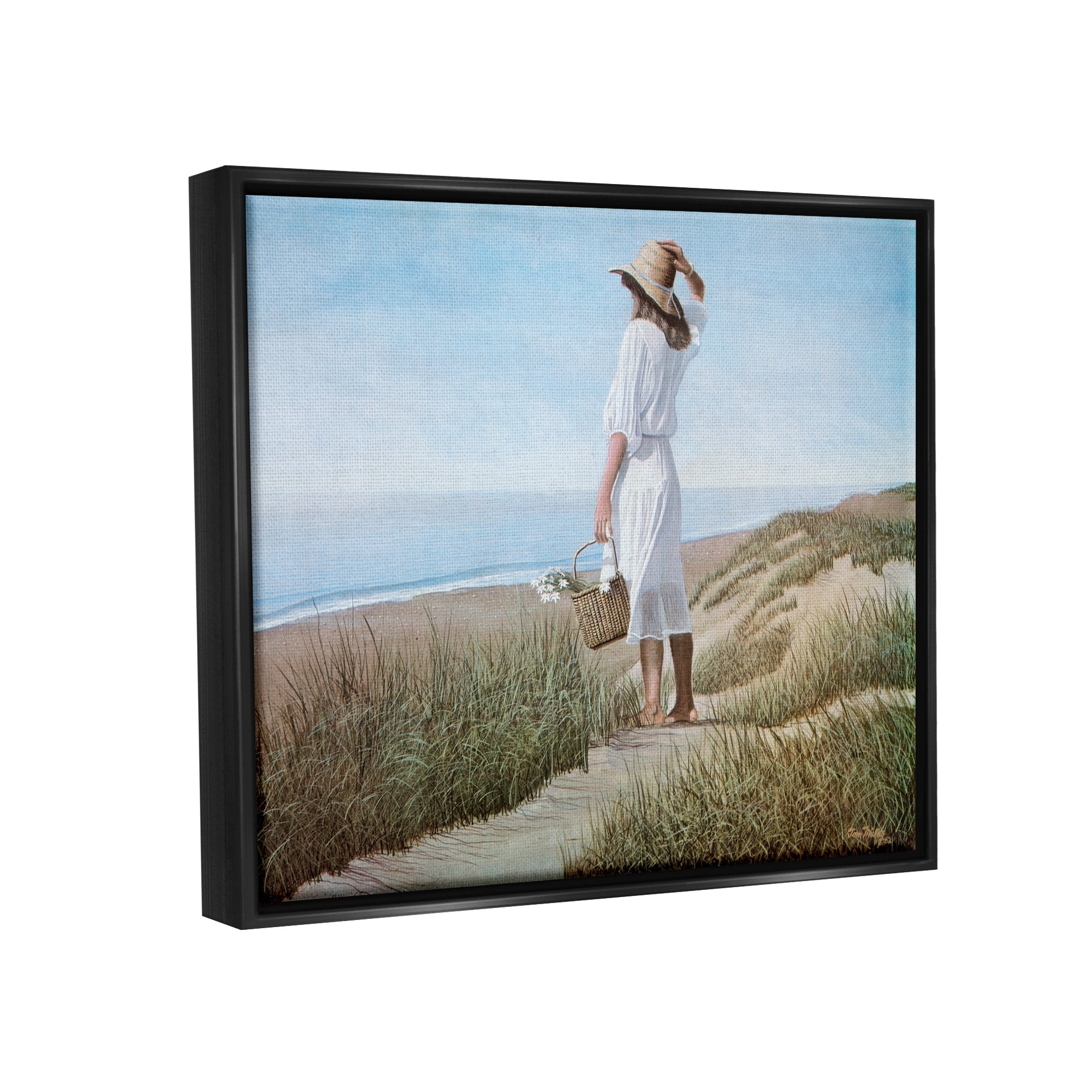 Stupell Industries Woman Enjoying Peaceful Beach Shore Landscape View Painting Jet Black Floating Framed Canvas Print Wall Art, Design by Tom Mielko