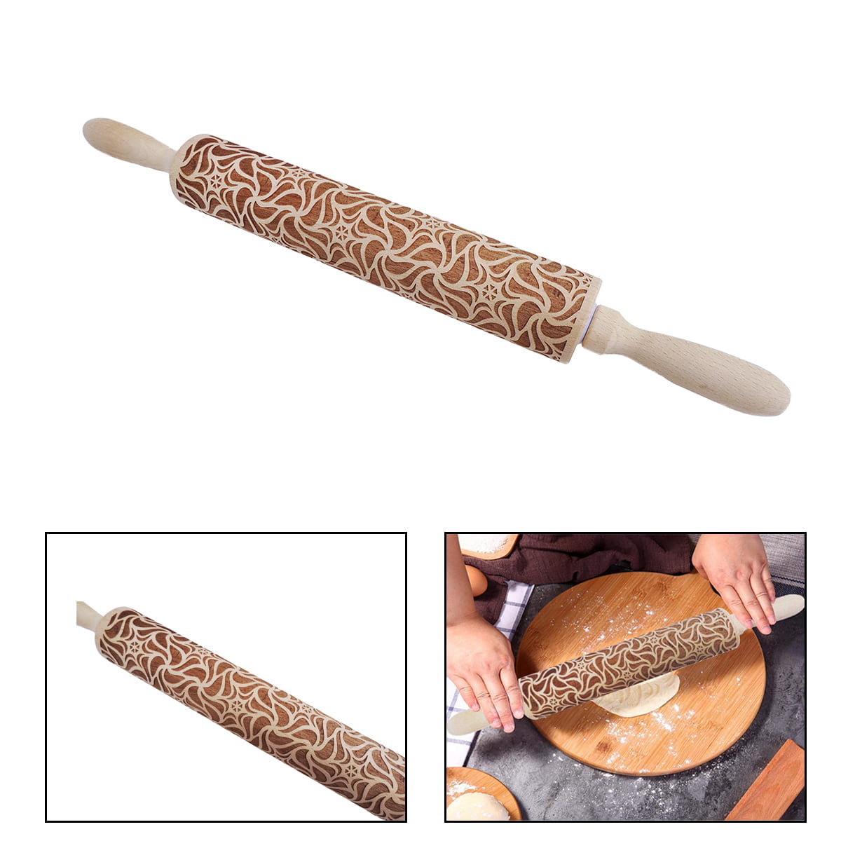 Wooden Embossed Christmas Rolling Pin Roller Engraved Large Vintage Cookie Dough 